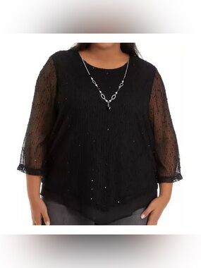 Black Alfred Dunner Plus Size Mesh Sleeve Women's Top